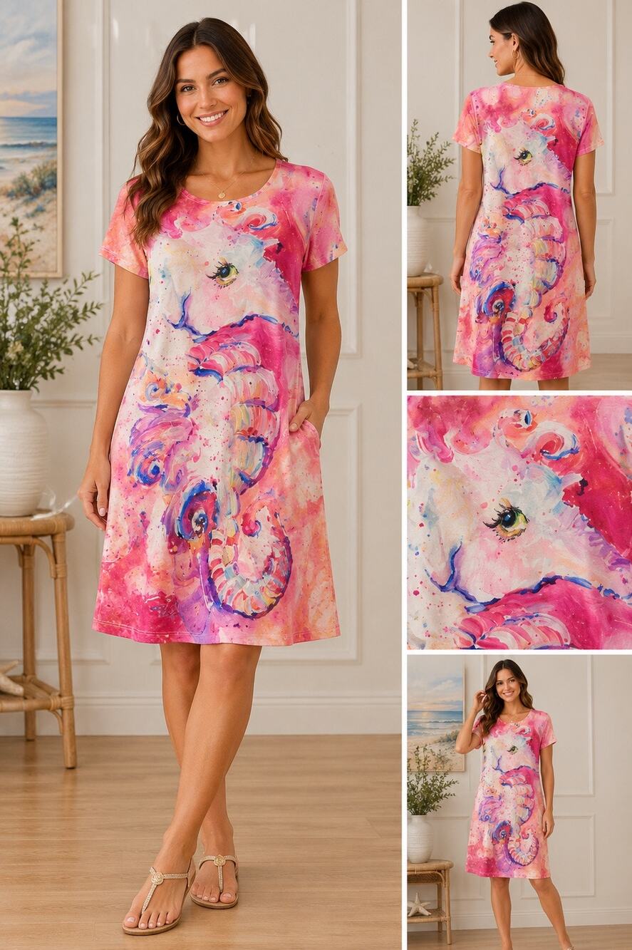 Leoma Lovegrove Seahorse Art Dress Pink Tropical Beach Casual Petite Large PL